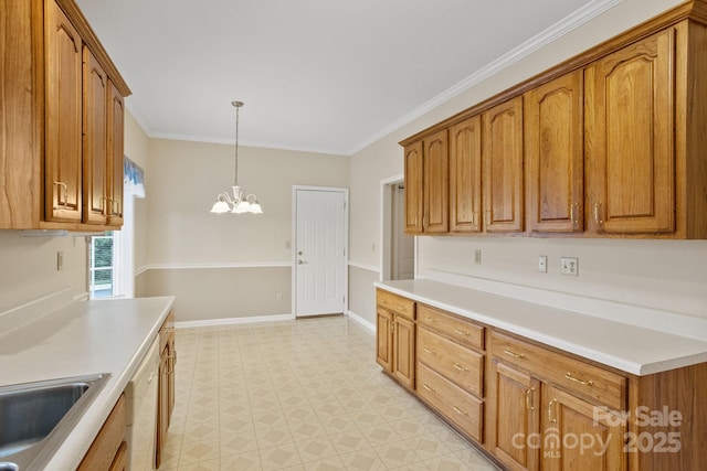 390 Classic Oaks Cir, Hendersonville, NC 28792 - kitchen featuring light flooring, a chandelier, pendant lighting, brown cabinets, and crown molding