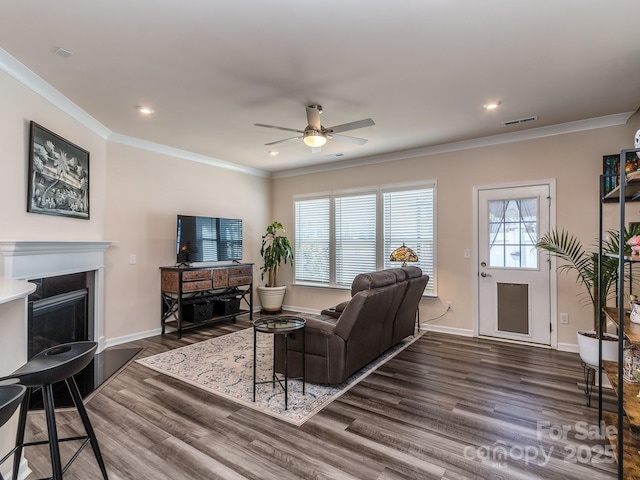 739 Elders Story Rd, Fort Mill, SC 29708 - living area with dark wood-style flooring, a ceiling fan, recessed lighting, crown molding, and a fireplace