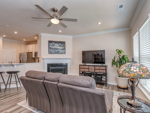 739 Elders Story Rd, Fort Mill, SC 29708 - living area with light wood-style floors, a ceiling fan, healthy amount of natural light, a glass covered fireplace, and recessed lighting