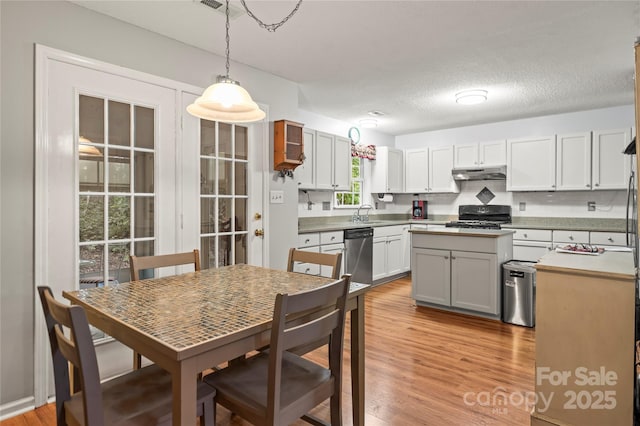 171 Highland Woods Ct, Denver, NC 28037 - kitchen with under cabinet range hood, black electric range, stainless steel dishwasher, light wood-style floors, and hanging light fixtures