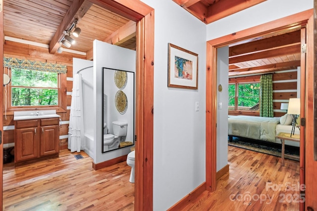 1745 Sugar Camp Rd, Marshall, NC 28753 - hall with a wooden ceiling with exposed beams, track lighting, light wood-type flooring, and plenty of natural light