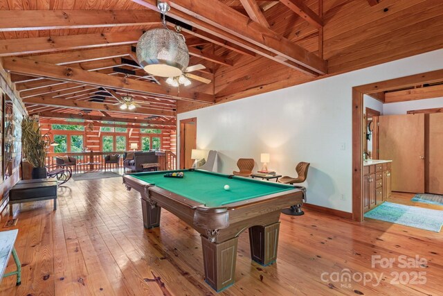 1745 Sugar Camp Rd, Marshall, NC 28753 - recreation room with billiards table, light wood-style floors, wood ceiling, and ceiling fan