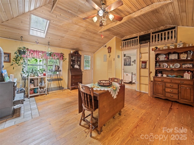 449 Little E Fork Rd, Canton, NC 28716 - dining space with vaulted ceiling, light wood-style flooring, a skylight, ceiling fan, and wood ceiling