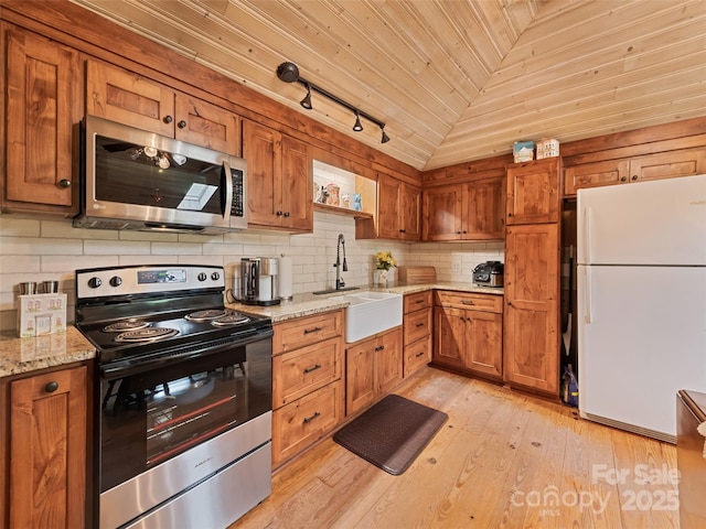 449 Little E Fork Rd, Canton, NC 28716 - kitchen with stainless steel appliances, brown cabinets, lofted ceiling, tasteful backsplash, and wood ceiling