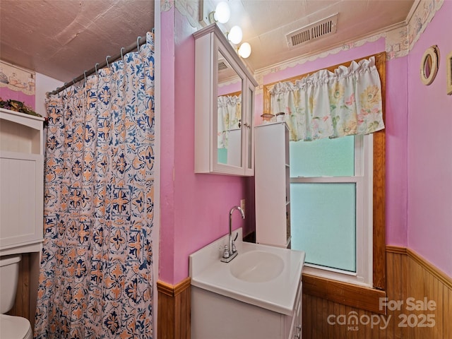 449 Little E Fork Rd, Canton, NC 28716 - bathroom featuring a wainscoted wall, vanity, a shower with curtain, and wooden walls