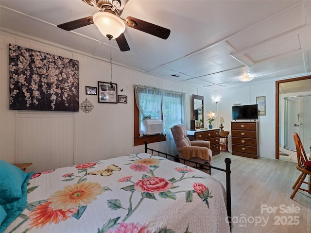 449 Little E Fork Rd, Canton, NC 28716 - bedroom with light wood-style flooring, attic access, and ceiling fan