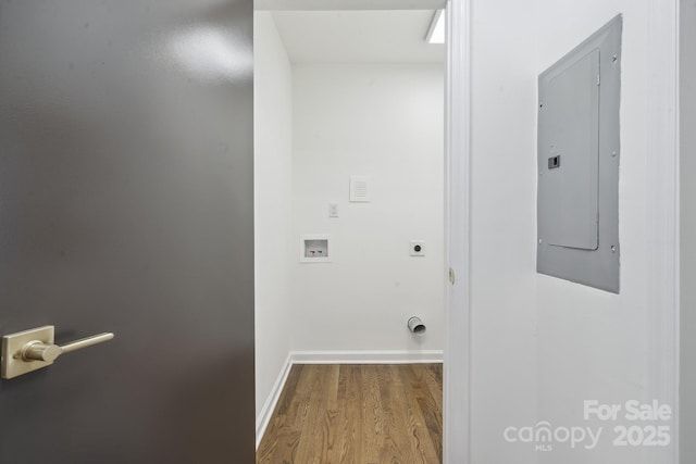 5817 Red Carriage Ln, Charlotte, NC 28212 - laundry room featuring electric panel, washer hookup, wood finished floors, and hookup for an electric dryer