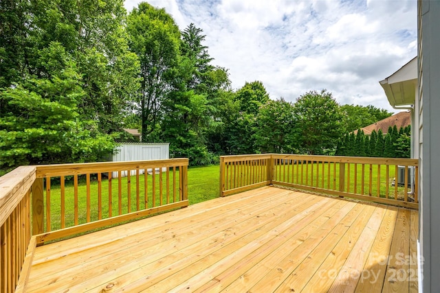 12812 Bradford Hill Ln, Huntersville, NC 28078 - wooden terrace featuring a lawn, an outdoor structure, and view of scattered trees