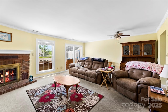 1670 Robins Nest Ct Unit C, Gastonia, NC 28054 - carpeted living room with ornamental molding, a ceiling fan, and a brick fireplace