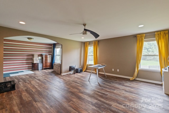 2100 Darian Way, Waxhaw, NC 28173 - living room with a ceiling fan, arched walkways, wood finished floors, and recessed lighting