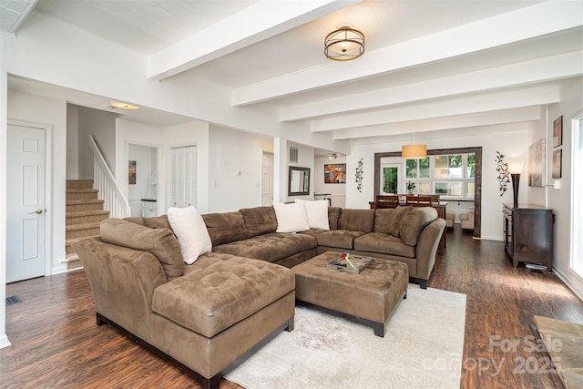 4725 Rounding Run Rd, Charlotte, NC 28277 - living room featuring dark wood-style floors, stairway, and beam ceiling