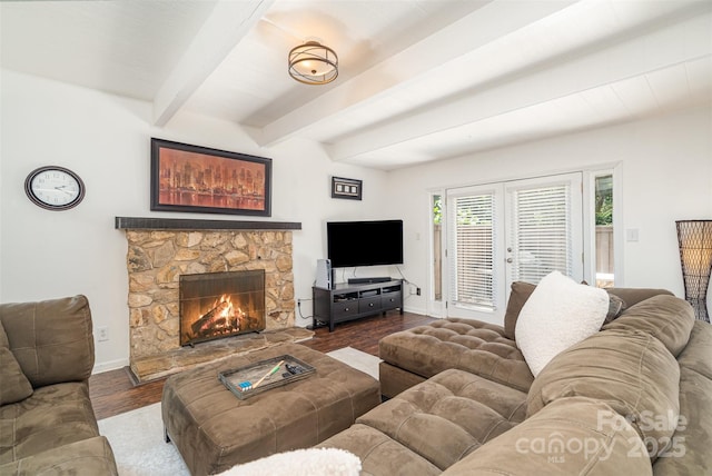 4725 Rounding Run Rd, Charlotte, NC 28277 - living area with wood finished floors, beamed ceiling, and a fireplace