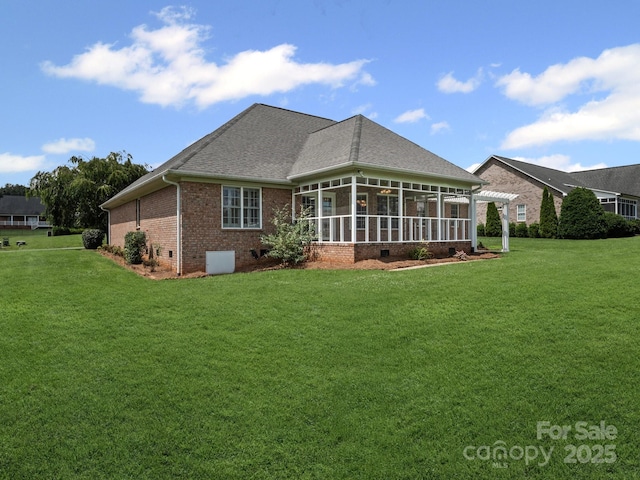 2872 Wheat Field Ct, Lincolnton, NC 28092 - back of house featuring brick siding, a yard, a sunroom, and crawl space