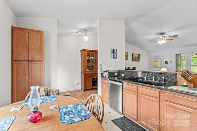 428 Mountview Dr, Mocksville, NC 27028 - kitchen with stainless steel dishwasher, light floors, lofted ceiling, a ceiling fan, and dark stone counters