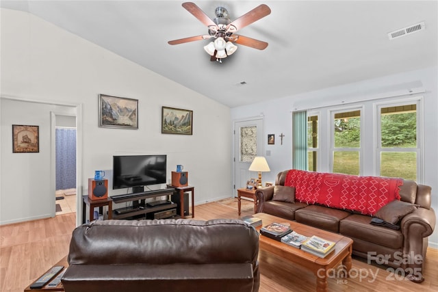 428 Mountview Dr, Mocksville, NC 27028 - living room featuring vaulted ceiling, wood finished floors, and a ceiling fan