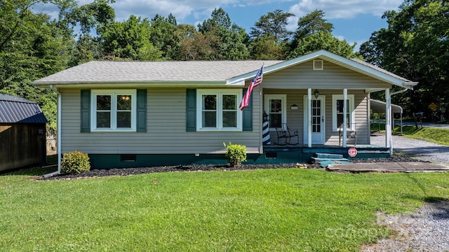 4006 Sol Mull St, Morganton, NC 28655 - view of front facade with a porch, crawl space, a front yard, and a shingled roof