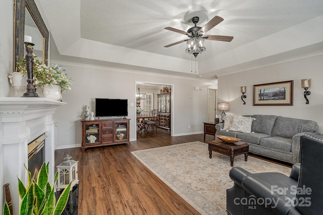 1610 Union Rd Unit 1610B, Gastonia, NC 28054 - living area featuring a raised ceiling, ceiling fan, wood finished floors, ornamental molding, and a glass covered fireplace