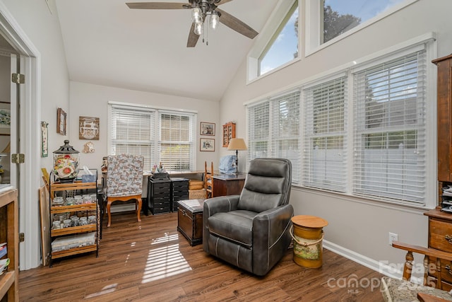 1610 Union Rd Unit 1610B, Gastonia, NC 28054 - living area with high vaulted ceiling, a ceiling fan, wood finished floors, and an office area