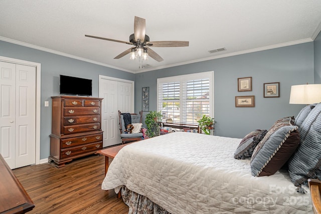1610 Union Rd Unit 1610B, Gastonia, NC 28054 - bedroom with wood finished floors, multiple closets, ornamental molding, and a ceiling fan