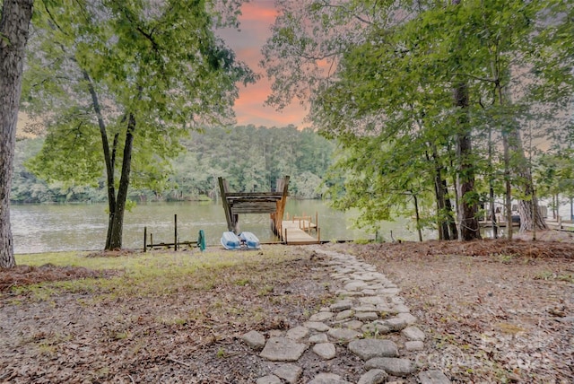 9763 Pine Tree Rd, Norwood, NC 28128 - yard at dusk featuring a dock and a water view