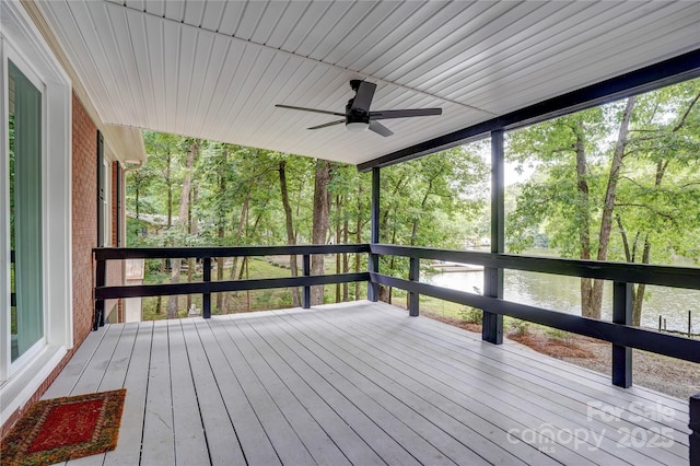 9763 Pine Tree Rd, Norwood, NC 28128 - deck with a ceiling fan, a water view, and view of wooded area