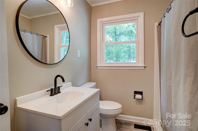9763 Pine Tree Rd, Norwood, NC 28128 - bathroom with crown molding, vanity, healthy amount of natural light, wood finished floors, and a shower with curtain