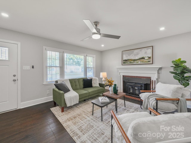 6401 Montpelier Rd, Charlotte, NC 28210 - living area featuring dark wood-style floors, ceiling fan, recessed lighting, and a glass covered fireplace