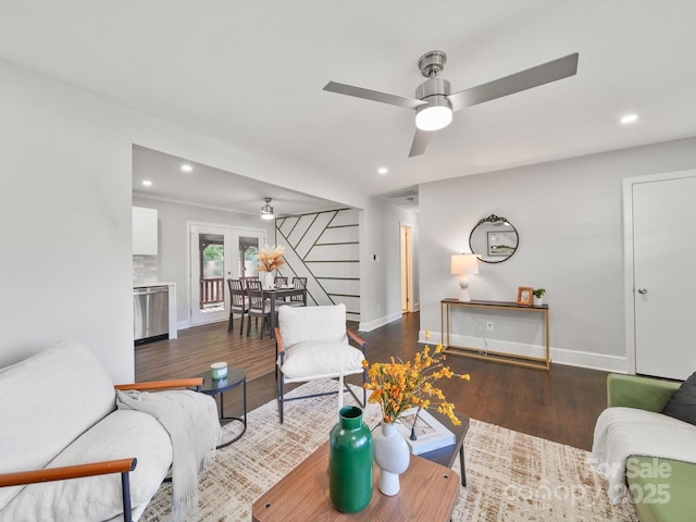 6401 Montpelier Rd, Charlotte, NC 28210 - living area with a ceiling fan, wood finished floors, and recessed lighting