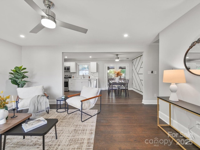 6401 Montpelier Rd, Charlotte, NC 28210 - living area featuring ceiling fan, recessed lighting, and dark wood-type flooring