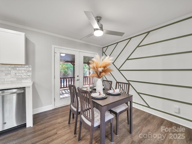 6401 Montpelier Rd, Charlotte, NC 28210 - dining area featuring french doors, dark wood-style flooring, crown molding, and ceiling fan