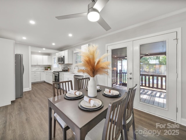 6401 Montpelier Rd, Charlotte, NC 28210 - dining room with french doors, wood finished floors, ornamental molding, ceiling fan, and recessed lighting