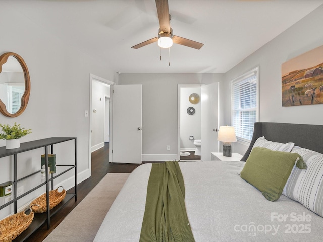 6401 Montpelier Rd, Charlotte, NC 28210 - bedroom featuring dark wood finished floors, ensuite bathroom, and a ceiling fan