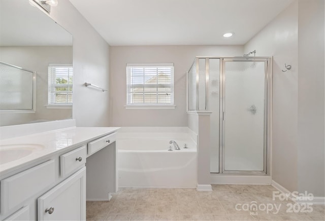 3043 Streamlet Way, Monroe, NC 28110 - bathroom featuring vanity, a stall shower, a bath, and tile patterned floors