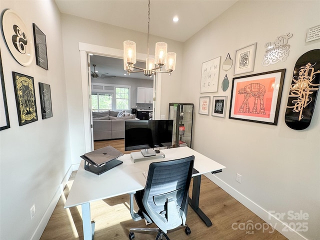 154 Amblers Knoll Rd, Weaverville, NC 28787 - office featuring a chandelier, wood finished floors, a ceiling fan, arched walkways, and recessed lighting