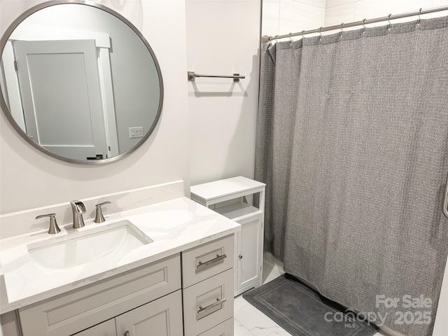 154 Amblers Knoll Rd, Weaverville, NC 28787 - full bathroom featuring marble look tile flooring, vanity, and curtained shower