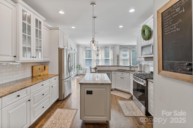347 Bayberry Creek Cir, Mooresville, NC 28117 - kitchen with stainless steel appliances, dark wood-style flooring, a center island, tasteful backsplash, and recessed lighting