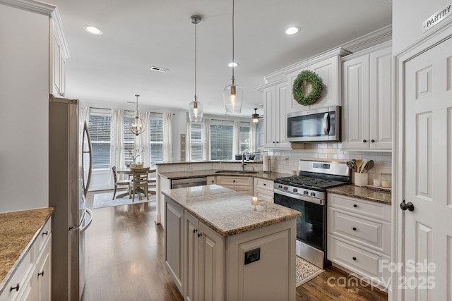 347 Bayberry Creek Cir, Mooresville, NC 28117 - kitchen featuring stainless steel appliances, a peninsula, dark wood-style flooring, decorative backsplash, and white cabinetry