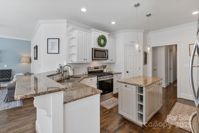 347 Bayberry Creek Cir, Mooresville, NC 28117 - kitchen featuring open shelves, appliances with stainless steel finishes, a peninsula, white cabinets, and ornamental molding