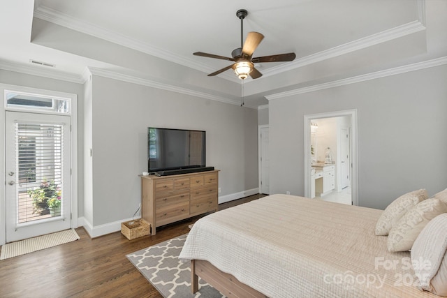 347 Bayberry Creek Cir, Mooresville, NC 28117 - bedroom featuring a tray ceiling, dark wood-type flooring, access to outside, crown molding, and ceiling fan