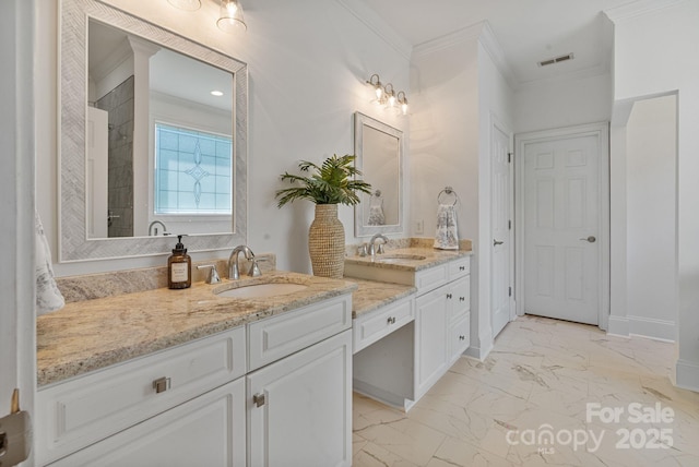 347 Bayberry Creek Cir, Mooresville, NC 28117 - full bath with marble finish flooring, vanity, crown molding, and a shower