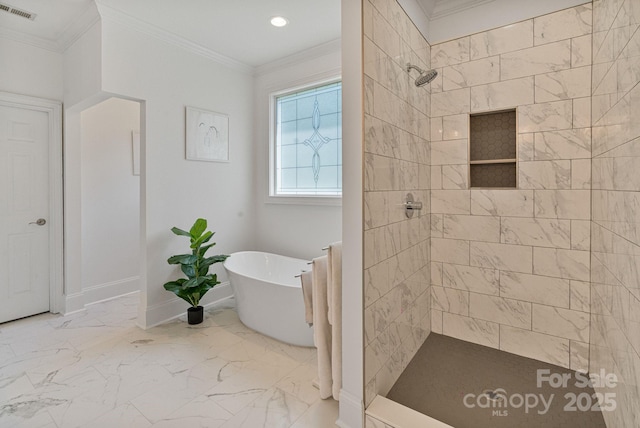 347 Bayberry Creek Cir, Mooresville, NC 28117 - bathroom with marble finish flooring, tiled shower, ornamental molding, a soaking tub, and recessed lighting