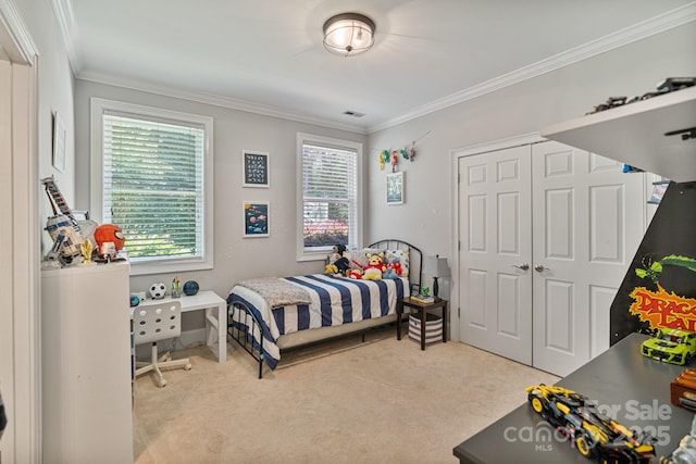 347 Bayberry Creek Cir, Mooresville, NC 28117 - bedroom with carpet, ornamental molding, and a closet