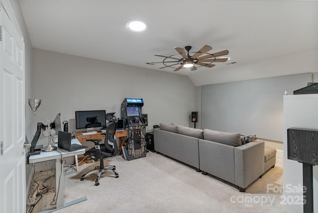 347 Bayberry Creek Cir, Mooresville, NC 28117 - home office featuring a ceiling fan, light colored carpet, and vaulted ceiling