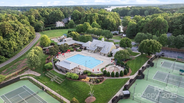 347 Bayberry Creek Cir, Mooresville, NC 28117 - drone / aerial view of a pool and a forest