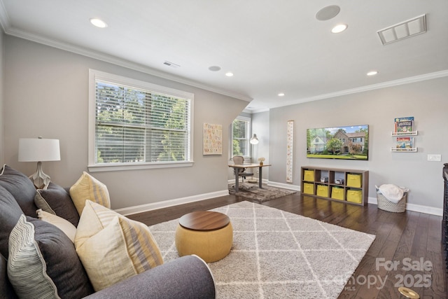 11412 Preservation Ln, Charlotte, NC 28278 - living room featuring crown molding, recessed lighting, and dark wood-type flooring