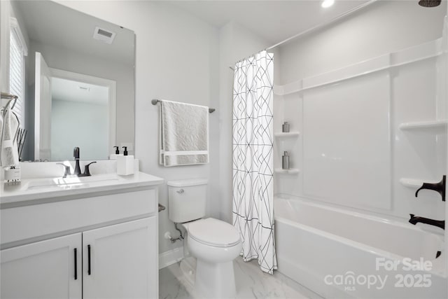 416 Balboa St, Matthews, NC 28104 - full bath with vanity, shower / bathtub combination with curtain, and marble finish floors