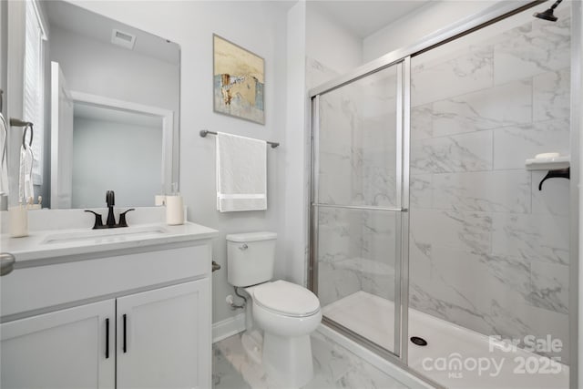 416 Balboa St, Matthews, NC 28104 - bathroom featuring marble look tiles, a marble finish shower, and vanity