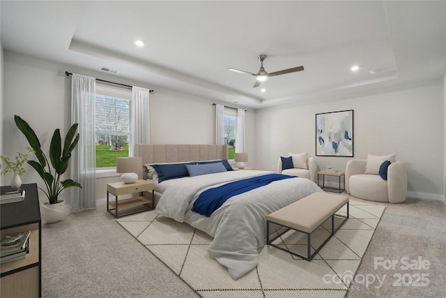 416 Balboa St, Matthews, NC 28104 - bedroom with a raised ceiling, carpet flooring, recessed lighting, and a ceiling fan