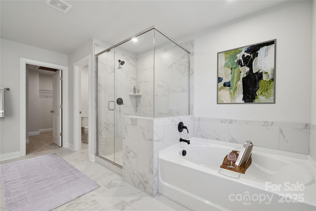 416 Balboa St, Matthews, NC 28104 - full bathroom featuring a bath, a marble finish shower, and marble finish floors
