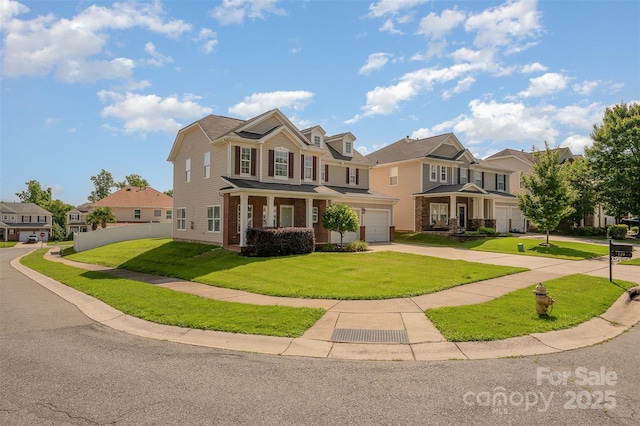 124 Glade Valley Ave, Mooresville, NC 28117 - view of front facade featuring concrete driveway, a garage, a front yard, a residential view, and brick siding